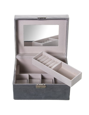 CAJA JOYERO TERCIOPELO GRIS C/ESPEJO 21x17x13CM