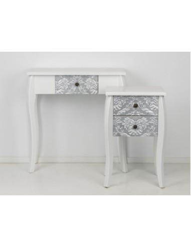 CONSOLA MADERA BLANCA-PLATA TALLADA 80X30X80 CM