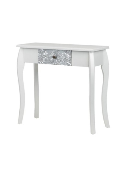 CONSOLA MADERA BLANCA-PLATA TALLADA 80X30X80 CM