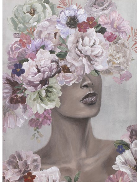 Cuadro Mujer Flores Pintado en Lienzo