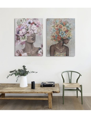 Cuadro Mujer Flores Pintado en Lienzo