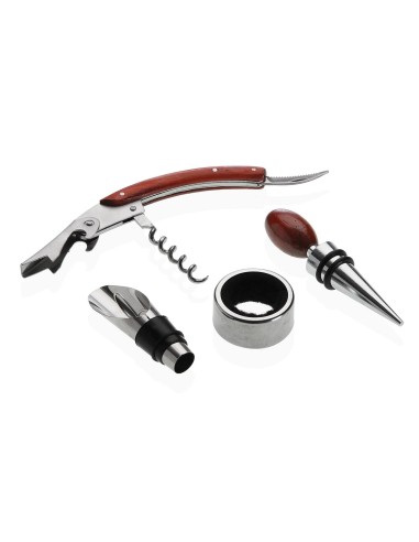 Caja de madera para botella con 4 accesorios de...