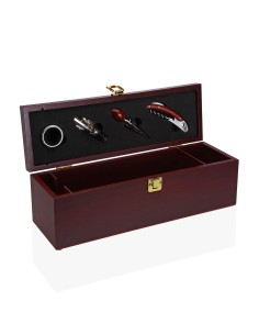 Caja de madera para botella con 4 accesorios de vino