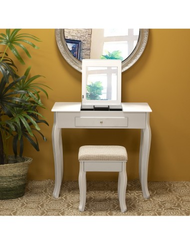Mesa tocador blanco con espejo y banco