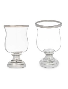 Portavela cristal con basa de metal plata 25cm