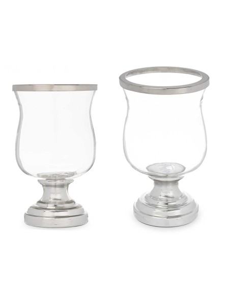 Portavela cristal con basa de metal plata 25cm