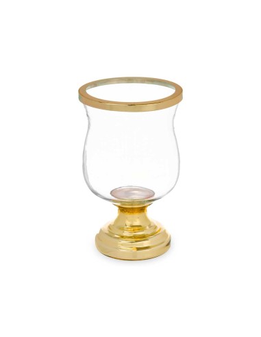 Portavela de cristal con base metal en dorada de 26cm