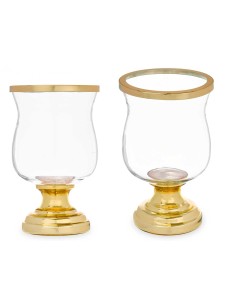 Portavela de cristal con base metal en dorada de 26cm 2