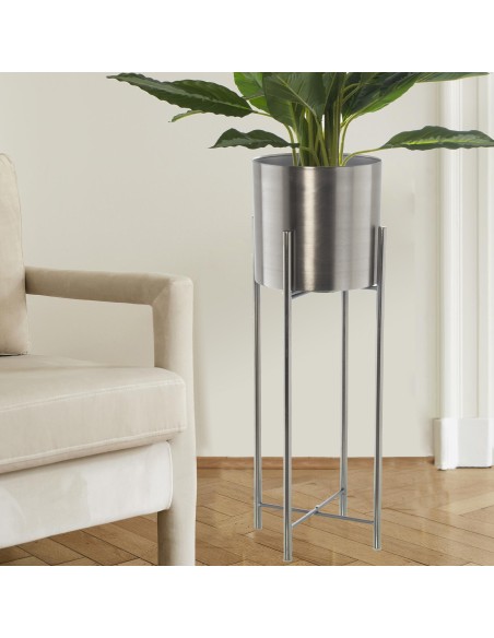 Macetero metal plata con pie 75cm