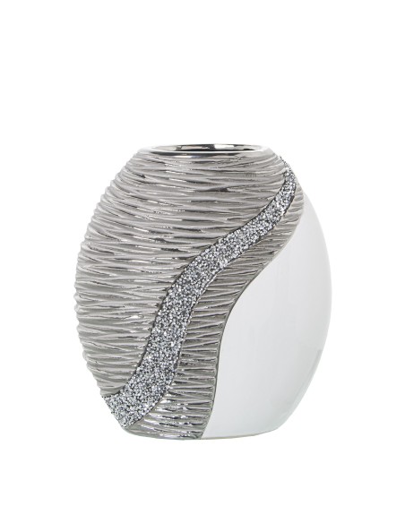 Jarrón de cerámica en blanco y plata 25cm