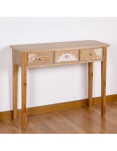 Recibidor de madera con tres cajones decorados