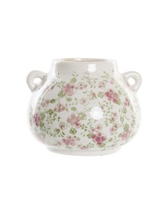 Jarrón de cerámica de gres en blanco con adornos rosa.