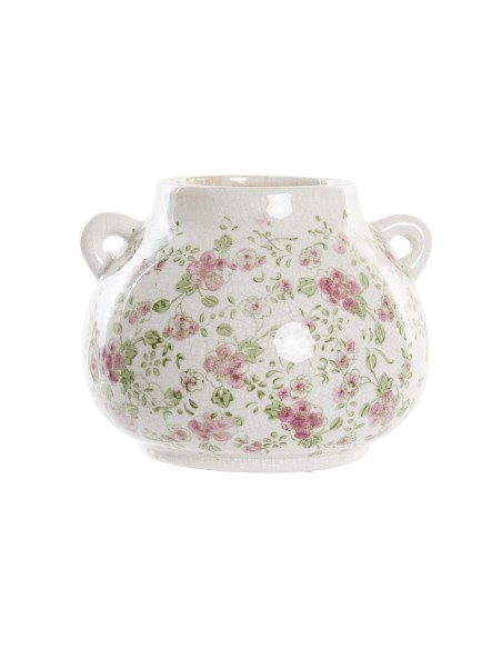 Jarrón de cerámica de gres en blanco con adornos rosa.