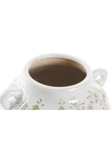 Jarrón de cerámica de gres en blanco con adornos rosa.