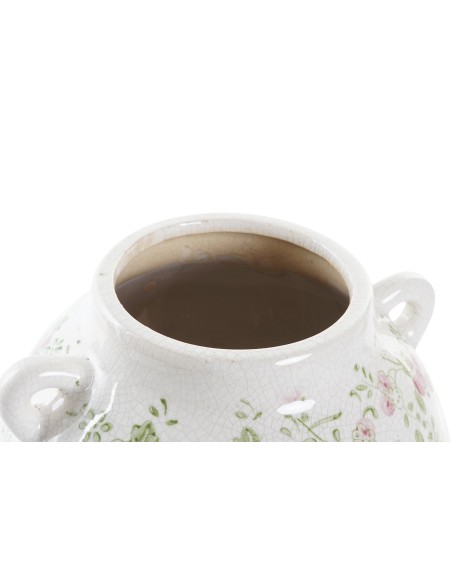 Jarrón de cerámica de gres en blanco con adornos rosa.