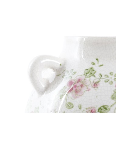 Jarrón de cerámica de gres en blanco con adornos rosa.