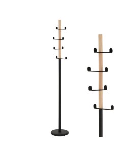 Perchero de suelo de madera y metal negro.