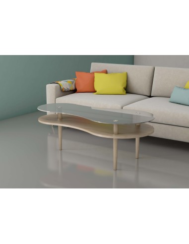 Mesa de centro en madera y cristal 2 alturas