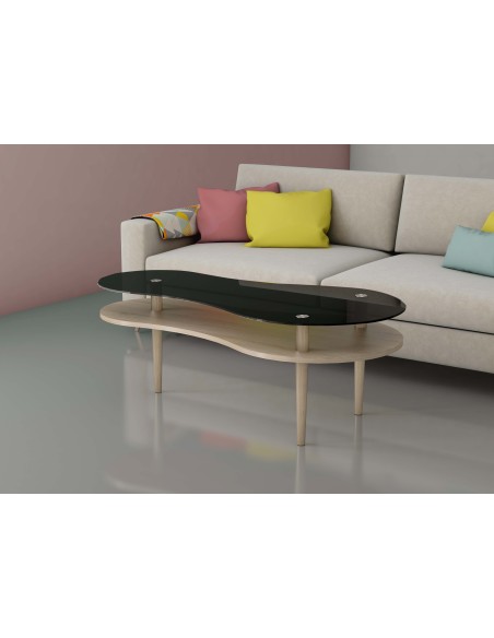 Mesa de centro en madera y cristal 2 alturas