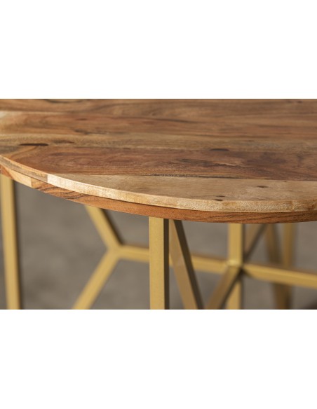 Mesa de madera natural con patas de acero en dorado