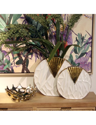 Jarrón de cerámica grande en blanco y dorado