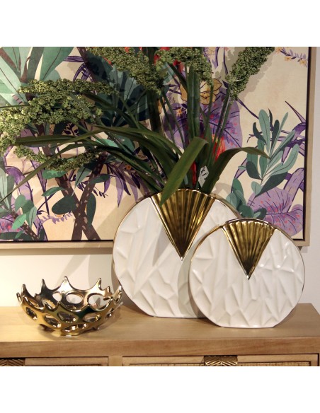 Jarrón de cerámica grande en blanco y dorado