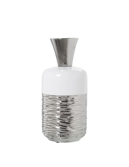 Jarrón de cerámica grande en blanco y plata